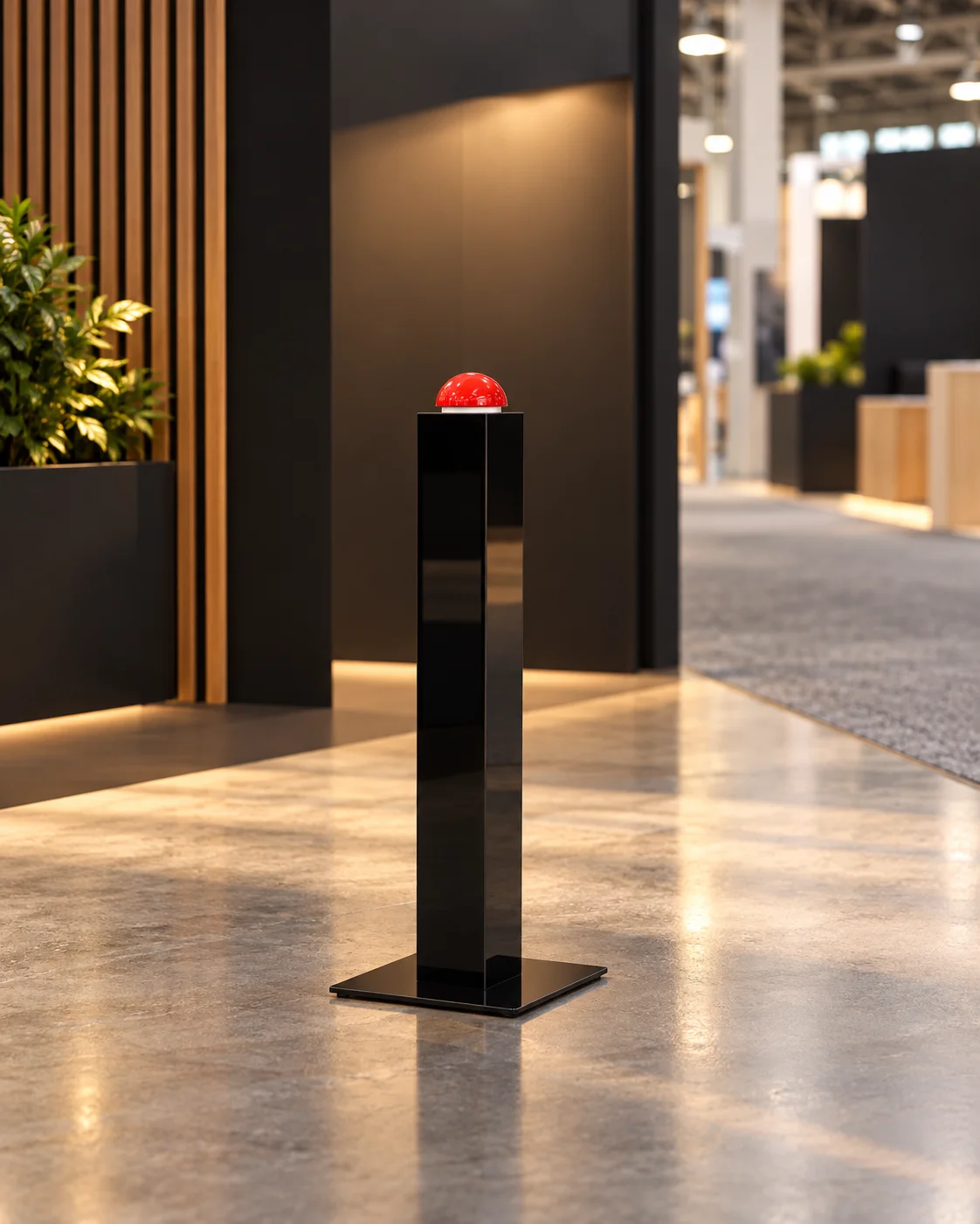 Rote Buzzer-Kuppel auf schwarzer Stele, freistehend in einer Messehalle