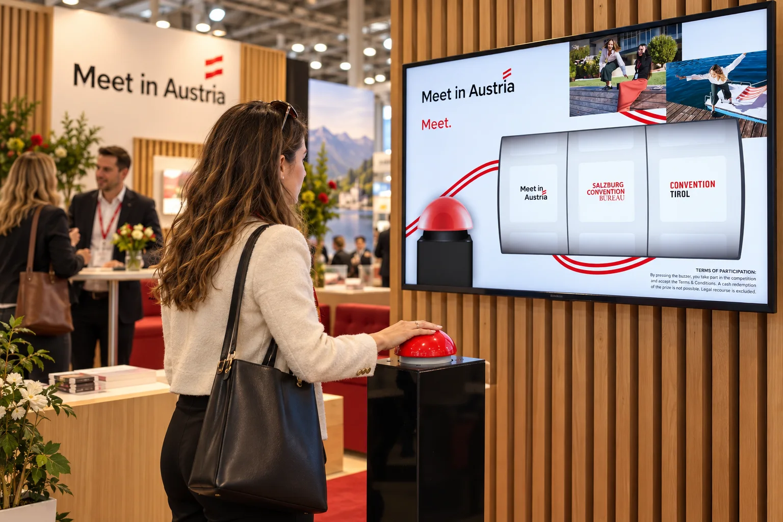 Besucherin am Buzzer vor einer Slotmachine im Meet-in-Austria-Design an einem Messestand