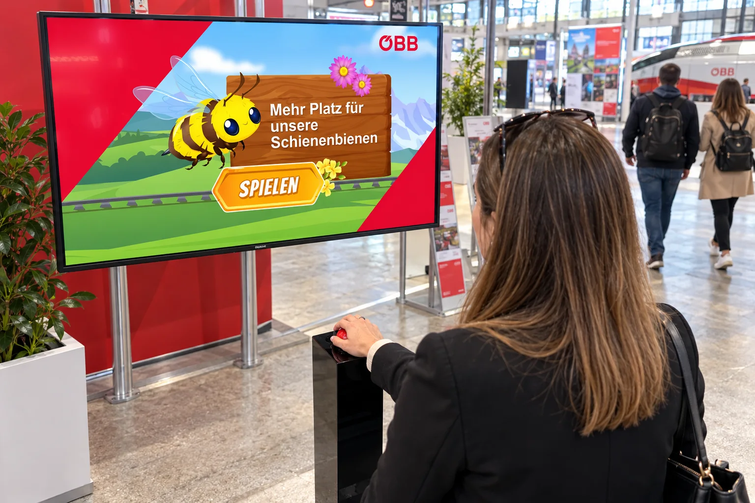 Besucherin spielt das Ausweichspiel mit der ÖBB-Biene an einer Station in einer Messehalle