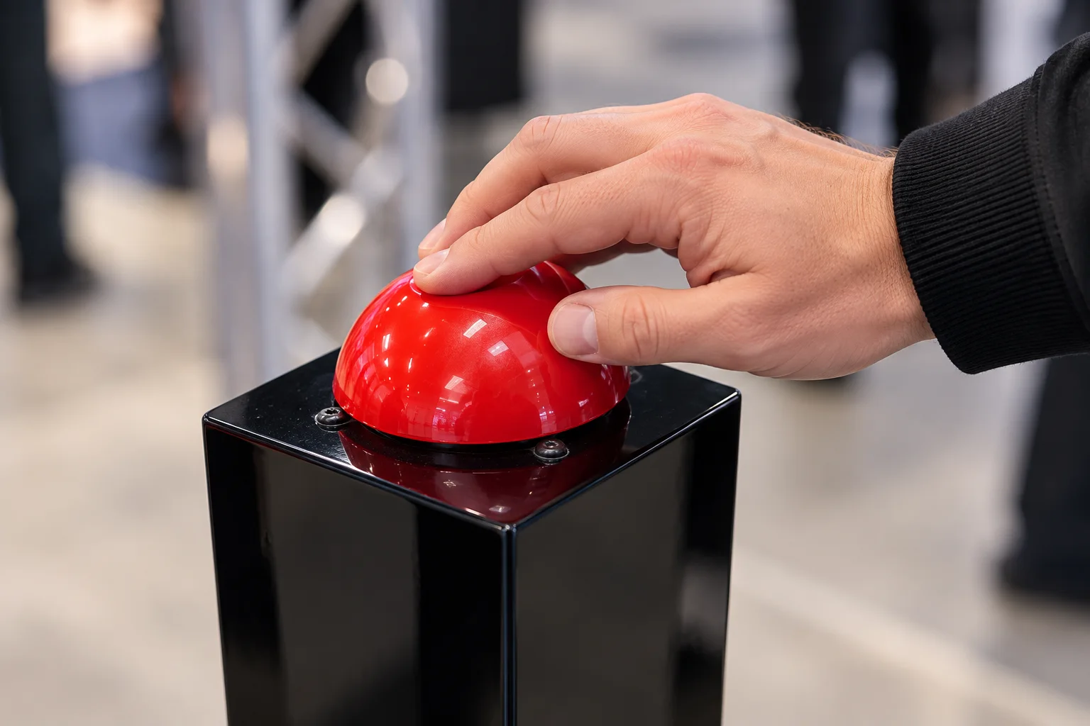 Hand drückt die rote Buzzer-Kuppel auf der schwarzen Stele