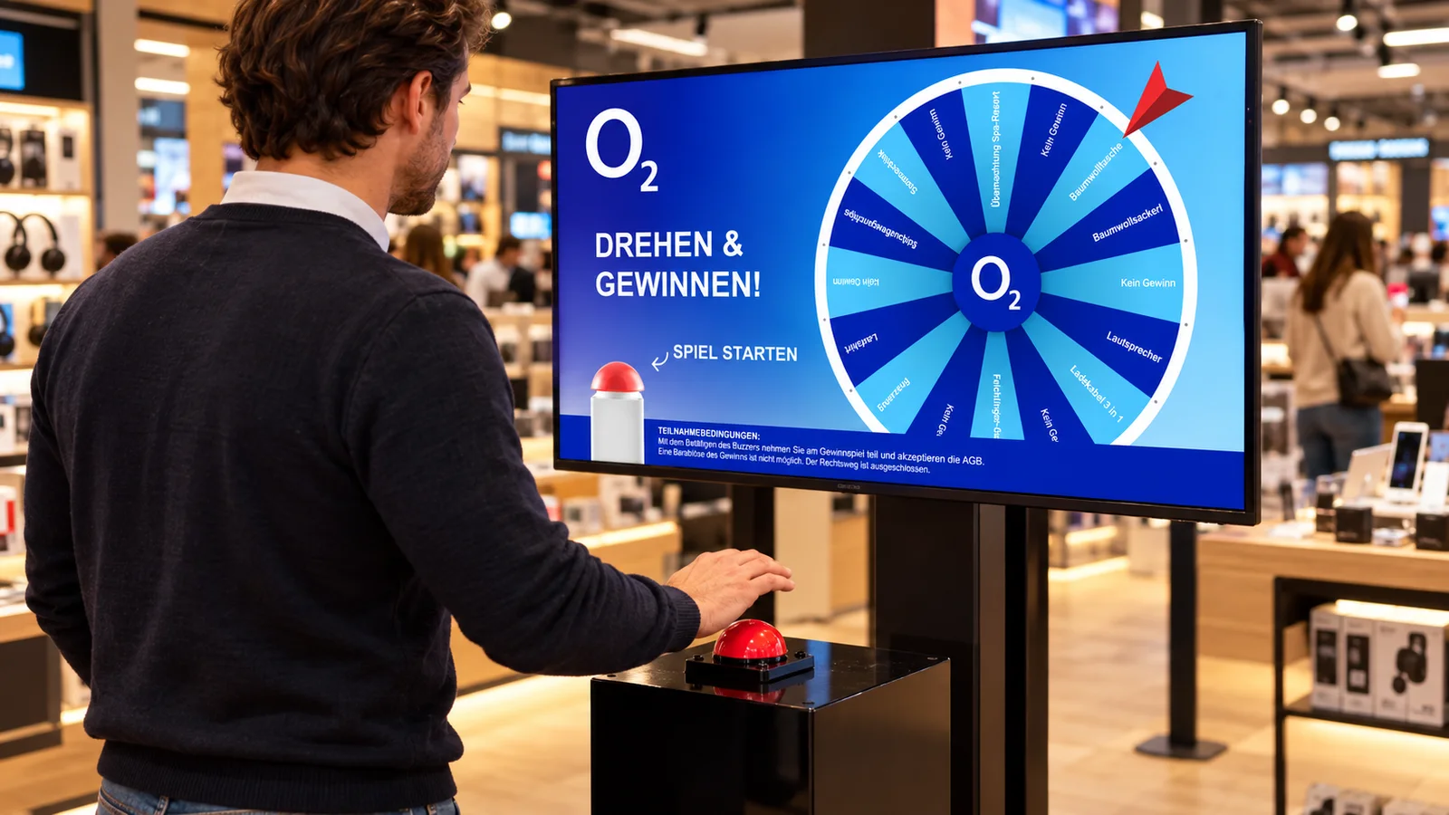 Spieler am Buzzer vor einem Glücksrad-Screen im O2-Design in einem Shop